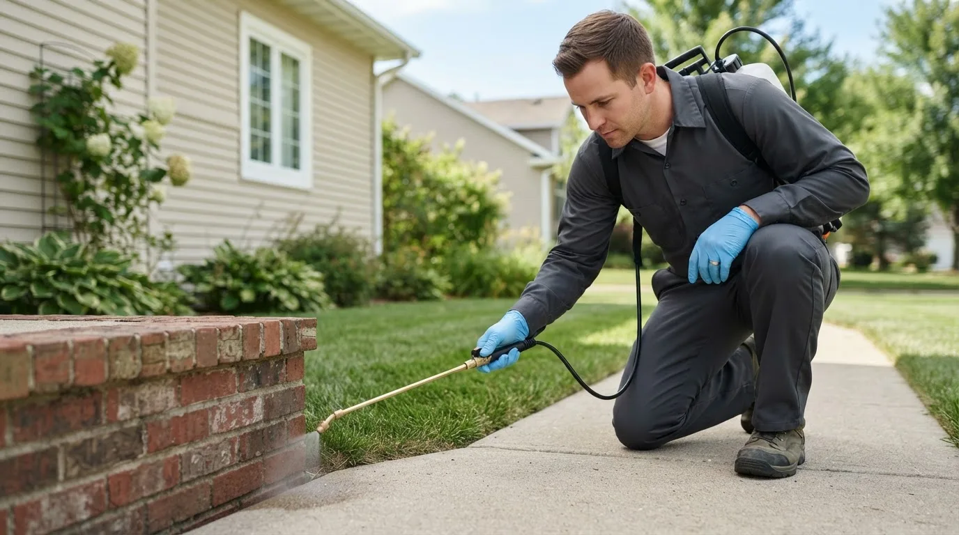 Pest control technician treating a home near North Loup, NE