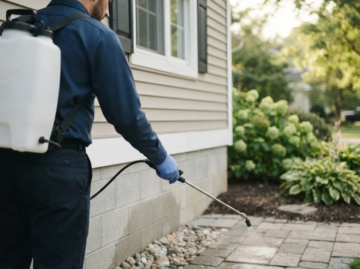 Pest control technician inspecting a home in North Loup, NE